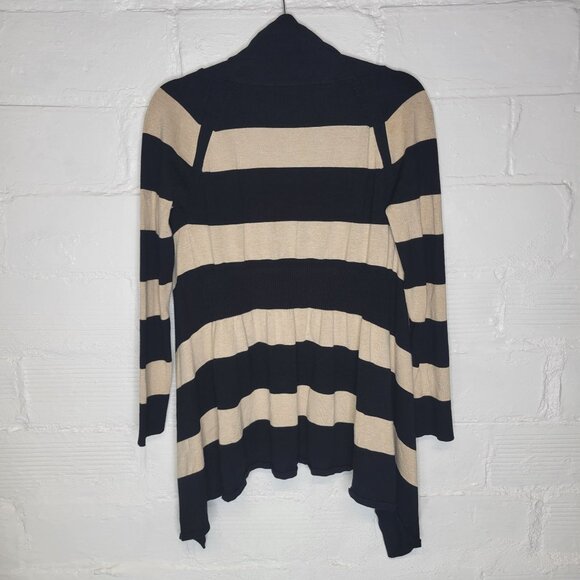 WHBM Women's Small Cardigan Sweater Tan Black Striped Open Front - Picture 2 of 5